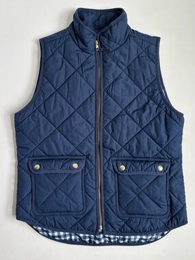 J Crew Diamond Quilted Puffer Vest Jacket  Front Zip and Pockets Navy Blue Small